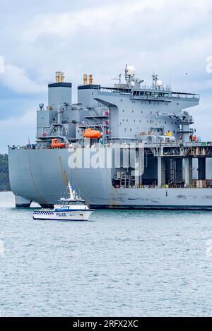 Sydney Aust 06 août 2023 : le navire USS Miguel Keith de la marine américaine amarré à Garden Island, Sydney, Australie pour l'approvisionnement à la suite de la participation à l'exercice Talisman Sabre 2023. « 13 nations y ont participé directement, dont l’Australie, le Canada, Fidji, la France, l’Allemagne, Indonésie, Japon, Papouasie-Nouvelle-Guinée, Nouvelle-Zélande, République de Corée, Tonga, le Royaume-Uni et les États-Unis en tant que participants, les Philippines, Singapour et la Thaïlande étant présents en tant qu’observateurs », a rapporté USNI News. Crédit : Stephen Dwyer / Alamy Live News Banque D'Images