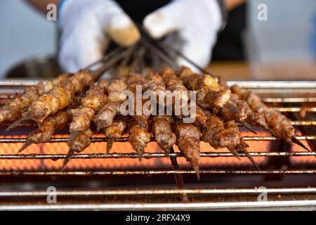 Fuyang, Chine. 06 août 2023. Un chef grill des kebabs d'agneau à Fuyang. Les kebabs d'agneau grillé sont très appréciés dans toute la Chine et sont l'une des spécialités les plus appréciées du peuple chinois, Credit : SOPA Images Limited / Alamy Live News Banque D'Images