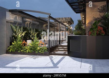 couverture de patio de restaurant de luxe par pergola, rendu 3d. Banque D'Images