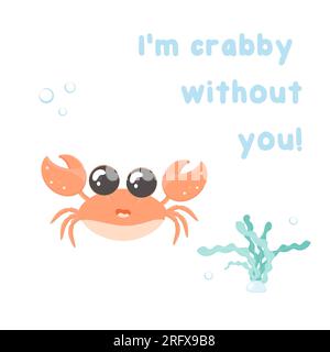 Carte de motivation et de soutien avec des créatures marines, illustration vectorielle, lettrage, signature. Crabe, dauphin, algues, crevettes, poulpe, Illustration de Vecteur