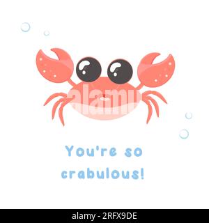 Carte de motivation et de soutien avec des créatures marines, illustration vectorielle, lettrage, signature. Crabe, dauphin, algues, crevettes, poulpe, Illustration de Vecteur