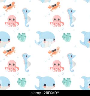 Sea Creatures pattern Seamless Set vecteur mignon sur fond isolé blanc, crevettes, algues, corail, crabe, dauphin, poisson de cheval, poulpe Illustration de Vecteur