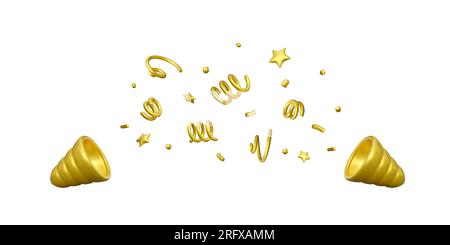 Popper fête 3D avec confettis exploser. Confettis dorés pour les festivals de fond et illustration de vacances. Vecteur isolé sur blanc Illustration de Vecteur