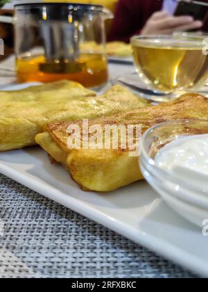 Crêpes frites farcies de viande et de crème sure. Placé sur une plaque blanche rectangulaire. Gros plan. Mise au point sélective. Banque D'Images