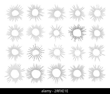 Ensemble d'éléments décoratifs Sunburst. Grande collection de rayons du soleil dans le style d'art de ligne. Vecteur stock. Illustration de Vecteur