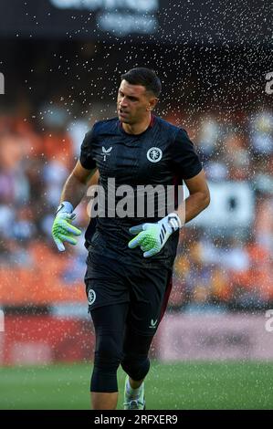 Valencia, Espagne. 05 août 2023. Emiliano Martinez Dibu du club de football Aston Villa en action lors de la PRÉ-saison régulière de la Liga EA Sport le 5 août 2023 au stade Mestalla de Valence, en Espagne. (Photo allemande Vidal/Sipa USA) crédit : SIPA USA/Alamy Live News Banque D'Images