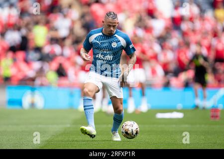 Kalvin Phillips de Manchester City se réchauffe lors du match FA Community Shield entre Arsenal et Manchester City au stade de Wembley, à Londres, le dimanche 6 août 2023. (Photo : Federico Guerra Maranesi | MI News) Banque D'Images