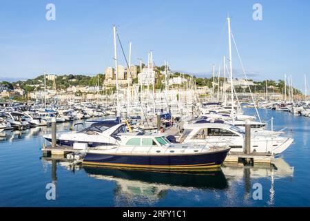 Torquay Devon Torbay Yachts et bateaux de luxe amarrés à Torquay Marina Torquay Devon Riviera anglaise Angleterre GB Europe Banque D'Images