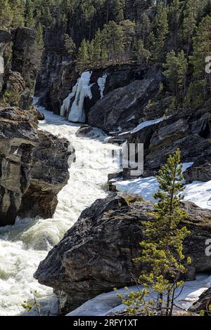 À la gorge Ridderspranget par la rivière Sjoa à Sjodalen.l'eau de neige tonnerre fait son chemin à travers le canyon. Randsverk, Innlandet, Norvège Banque D'Images