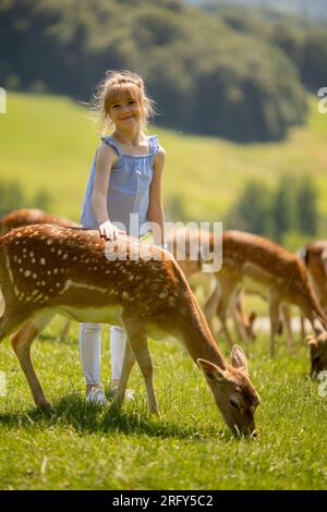 Jolie petite fille parmi le troupeau de rennes le jour ensoleillé Banque D'Images