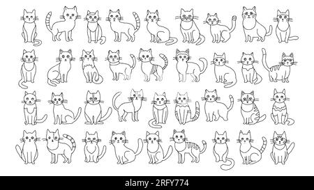 Lot de 36 chats de dessins animés. Illustration vectorielle linéaire simple en noir et blanc isolée sur fond blanc. Illustrations de livres pour enfants, contes de fées, pages à colorier, conception Web, bannières, flyers, magasins Illustration de Vecteur