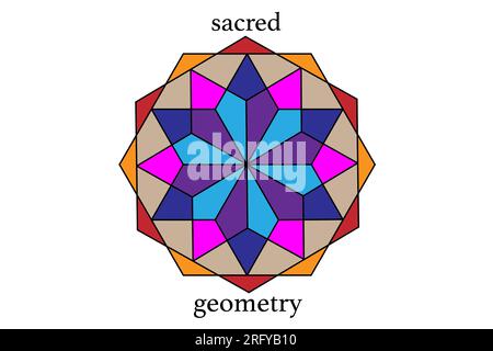 mandala coloré de géométrie antique sacrée. Symboles et éléments vectoriels. Thèmes alchimie, religion, philosophie, astrologie et spiritualité. Coloriage Illustration de Vecteur