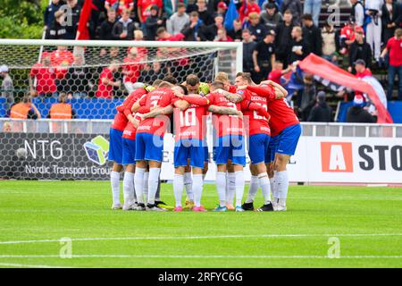 Hvidovre, Danemark. 06 août 2023. Les joueurs de Hvidovre IF s’unissent en cercle lors du match 3F Superliga entre Hvidovre IF et Aarhus GF à la Pro ventilation Arena de Hvidovre. (Crédit photo : Gonzales photo/Alamy Live News Banque D'Images