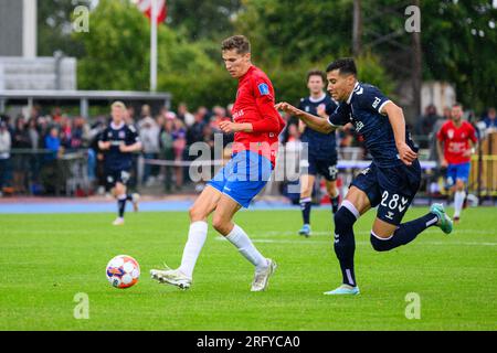 Hvidovre, Danemark. 06 août 2023. Ahmed Iljazovski (15) de Hvidovre IF et Adam Daghim (28) d'AGF vus lors du match 3F Superliga entre Hvidovre IF et Aarhus GF au Pro ventilation Arena de Hvidovre. (Crédit photo : Gonzales photo/Alamy Live News Banque D'Images