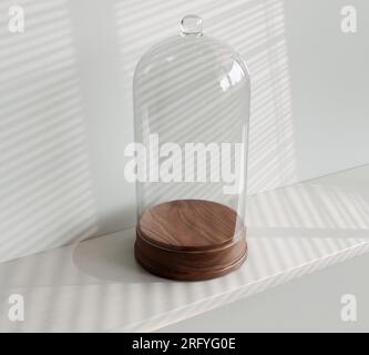 Une vitrine en verre en forme de dôme vide avec une base en bois reposant sur une étagère blanche et un fond de mur - rendu 3D. Banque D'Images