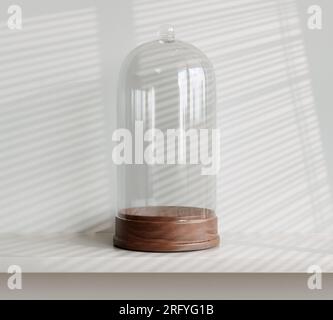 Une vitrine en verre en forme de dôme vide avec une base en bois reposant sur une étagère blanche et un fond de mur - rendu 3D. Banque D'Images