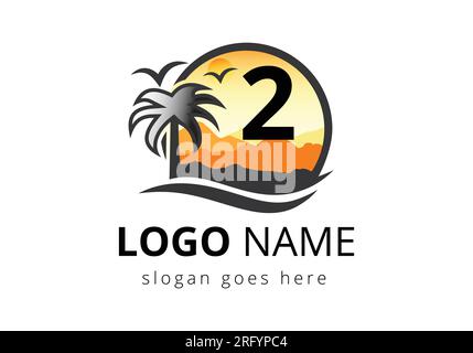 Logo de la plage sur le signe vectoriel de la lettre 2. Sunset Summer Travel logo Plage, Mer, modèle vectoriel de conception de logo Sunset. Illustration de Vecteur