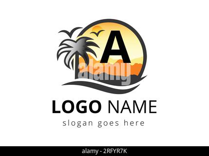 Logo de plage sur le signe vectoriel lettre A. Sunset Summer Travel logo Plage, Mer, modèle vectoriel de conception de logo Sunset. Illustration de Vecteur