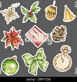 Collection de cartes postales aquarelles avec Noël et hiver. Poinsettia, houx, jouets d'arbre de Noël, symboles de vacances. Convient à la conception de poteau Banque D'Images
