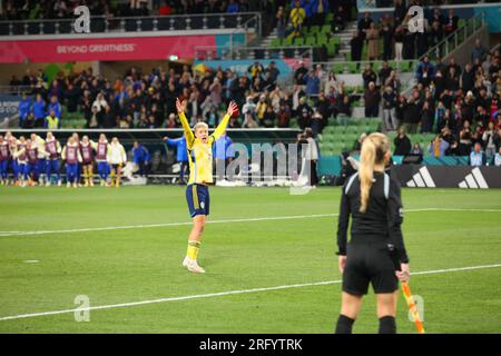 Melbourne, Australie. 06 août 2023. MELBOURNE/NAARM, VICTORIA - 06 AOÛT : Lina Hurtig, de Suède, lance un appel à l'arbitre pour un but après avoir pris un coup de penalty lors de la coupe du monde féminine de la FIFA, Australie et Nouvelle-Zélande 2023 Round of 16 match entre la Suède et les États-Unis au Melbourne Rectangular Stadium le 06 août 2023 à Melbourne, Victoria. La Suède a gagné le match sur penalty 5-4. Crédit : SOPA Images Limited/Alamy Live News Banque D'Images