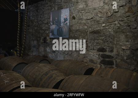 Barils de whisky dans le magasin de remplissage de la distillerie Royal Lochnagar dans le parc national de Cairngorms Banque D'Images