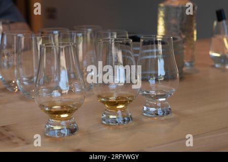 Verres à nez avec DRAM de Whisky et un échantillon de Raasay Gin prêt pour la dégustation à la fin de la visite de la distillerie Raasay Banque D'Images