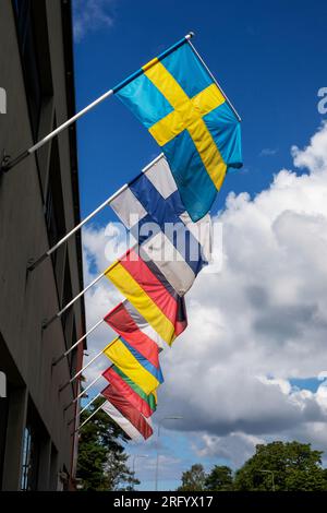 Europe, Estonie, Finlande, Allemagne, Ukraine, Lettonie, Lituanie drapeaux sur un bâtiment sur une journée ensoleillée avec des nuages Banque D'Images