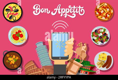 Bon Appetit Lettering avec téléphone et vaisselle Illustration de Vecteur