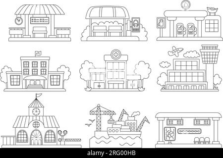 Vector noir et blanc lieux de transport de ville ensemble. Arrêt de bus, métro, chemin de fer, station service ligne clipart. Mignon hôpital plat, école, aéroport, mer Illustration de Vecteur