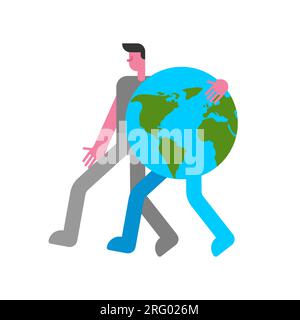 L'homme embrasse la terre Amour la terre. guy embrasse et embrasse la planète terre. Concept de prendre soin de l'environnement et de la planète. Affiche pour les vacances du jour de la terre. Illustration de Vecteur