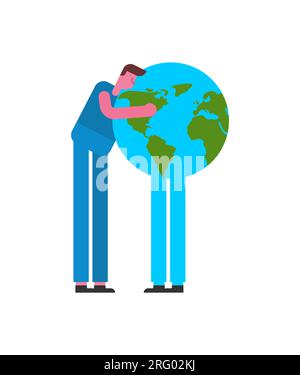 L'homme embrasse la terre Amour la terre. guy embrasse et embrasse la planète terre. Concept de prendre soin de l'environnement et de la planète. Affiche pour les vacances du jour de la terre. Illustration de Vecteur