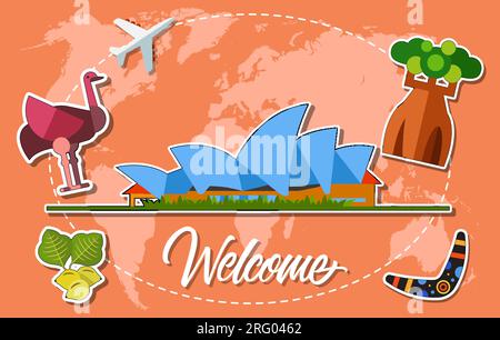 Lettrage de bienvenue avec symboles australiens Illustration de Vecteur