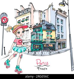 Vector mignon bébé fille roller à Paris, France Illustration de Vecteur