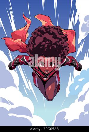Super-héros féminin africain Flying Anime Illustration de Vecteur