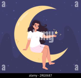 Fille rêve sur la lune, femme la nuit assis sur le croissant et tenant l'étoile. Imaginez ou dormez, concept de nuit magique de dessin animé. Vecteur d'imagination snogly Illustration de Vecteur