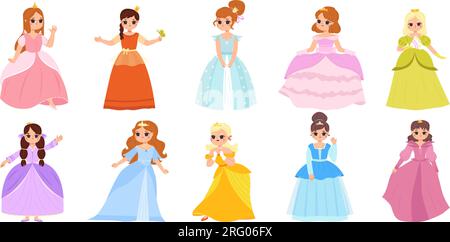 Dessins animés petites princesses enfants, princesses mignonnes dans la belle robe magique. Personnages de dame de fée de bébés, adorable reine snogly vecteur set Illustration de Vecteur