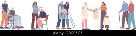 Soignez et aidez les personnages, les travailleurs sociaux aident les personnes âgées. Vieil homme marche en fauteuil roulant avec bénévole, fille qui s'occupe de grand-mère. Ensemble de vecteurs kicky pour infirmières Illustration de Vecteur