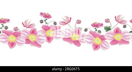 Bordure sans couture avec anémone rose, feuilles et bourgeon. Illustration dessinée à la main isolée sur blanc. Fond botanique pour tissu, papier d'emballage Banque D'Images