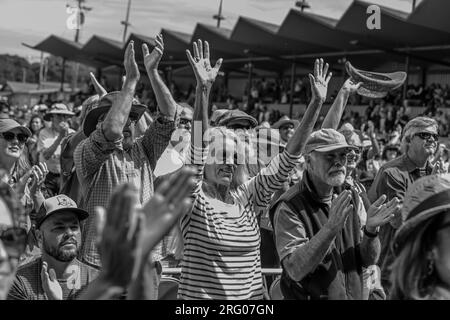 La foule applaudit le groupe colombien MONSIEUR PERINE - MONTEREY JAZZ FESTIVAL, CALIFORNIE Banque D'Images