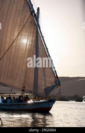 Afrique, Égypte, Assouan, Nil. Naviguer sur le Nil sur un bateau Felucca. Banque D'Images