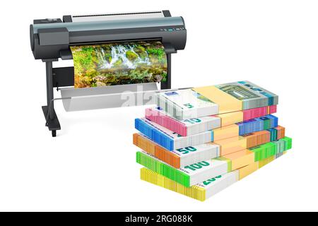 Traceur, imprimante jet d'encre grand format avec packs euro. Rendu 3D isolé sur fond blanc Banque D'Images