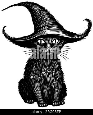 Chat noir avec chapeau de sorcière sur blanc Illustration de Vecteur