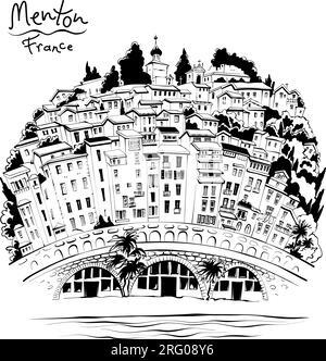 Dessin manuel vectoriel.Maisons typiquement provençales à Menton, Provence, France Illustration de Vecteur