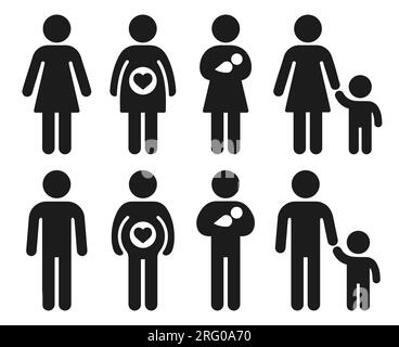 Jeu d'icônes grossesse, accouchement et parentalité. Femme et homme ou personne neutre de genre bâton figure avec bébé et enfant. Pictogrammes vectoriels. Illustration de Vecteur