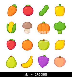 Icônes de fruits et légumes dessinés à la main de dessin animé. Dessins colorés mignons et simples, ensemble d'illustrations vectorielles. Bonbons à la massepain. Illustration de Vecteur