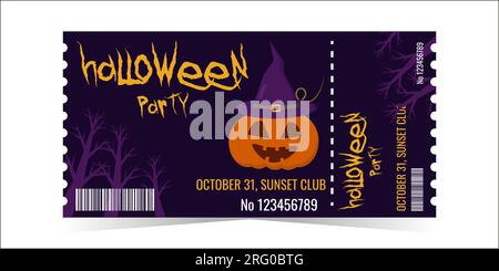 Présentation du modèle de billet de fête d'Halloween. Citrouille dans un chapeau de sorcières sur un fond sombre. Design coloré horizontal pour les événements. Le concept des vacances. Illustration vectorielle. Illustration de Vecteur