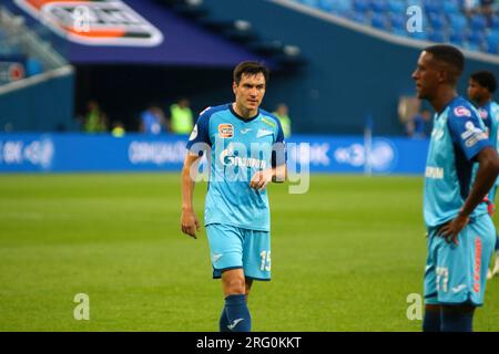 Saint-Pétersbourg, Russie. 06 août 2023. Vyacheslav Karavaev (15) de Zenit vu lors du match de football de la Premier League russe entre le Zenit Saint-Pétersbourg et le Dynamo Moscou à Gazprom Arena. Zenit 2:3 Dynamo. Crédit : SOPA Images Limited/Alamy Live News Banque D'Images