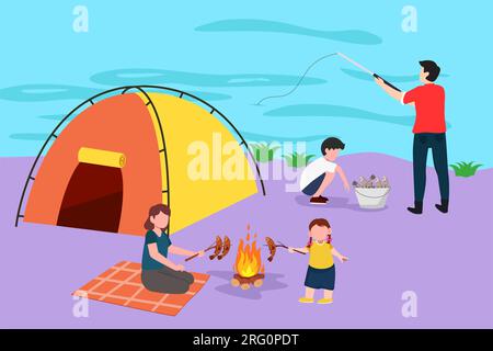 Logo de camping de famille heureuse de dessin de caractère plat. Mère rôtissant du poisson avec sa fille pour le repas. Père attrapant du poisson avec son fils. aspirateur de voyage pour camping-car d'été Banque D'Images