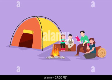 Design plat graphique dessinant la famille heureuse au camping d'été passant du temps ensemble. Papa lisant des livres près d'un feu de camp. Maman, fils, fille écoutent l'histoire. T Banque D'Images