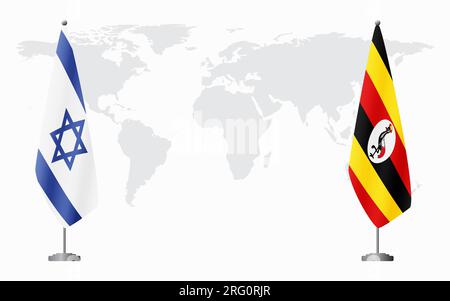 Drapeaux d'Israël et d'Ouganda pour la réunion officielle sur fond de carte du monde. Illustration de Vecteur